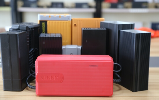 OEM battery charger plastic and aluminum housing options for different power levels and application requirements.