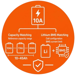 Linjia 10A E-rickshaw chargers matched to battery capacity, cell configuration, and BMS charging limits.