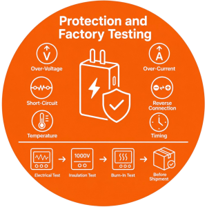 12V lead-acid battery charger factory testing to verify electrical performance against confirmed OEM specifications.