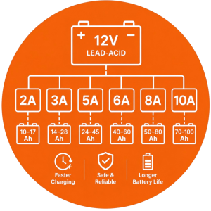 12V lead-acid battery charger current matching from 2A to 10A for different battery capacities and OEM projects.