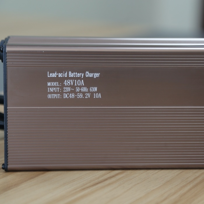 48V 10A lead-acid battery charger for an OEM project with connector, polarity, housing, label and packing confirmed.