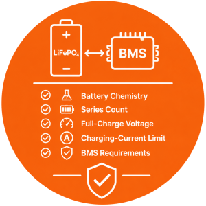 Custom 48V lithium charger specification checked against battery chemistry, full-charge voltage, and BMS limits.