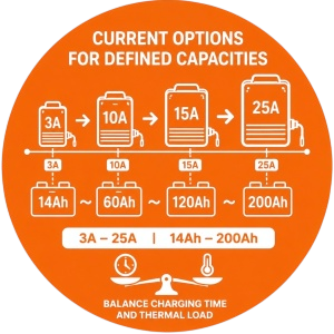 OEM 60V lithium battery chargers from 3A to 25A help buyers match battery capacity, charging time, and thermal load.