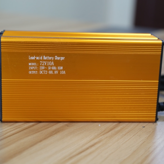 72V 10A lead-acid battery charger for batch supply with model ID, electrical performance, connector and packaging checked. 