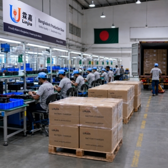 Linjia Bangladesh battery charger production base supporting regional OEM supply and batch delivery for South Asian projects.