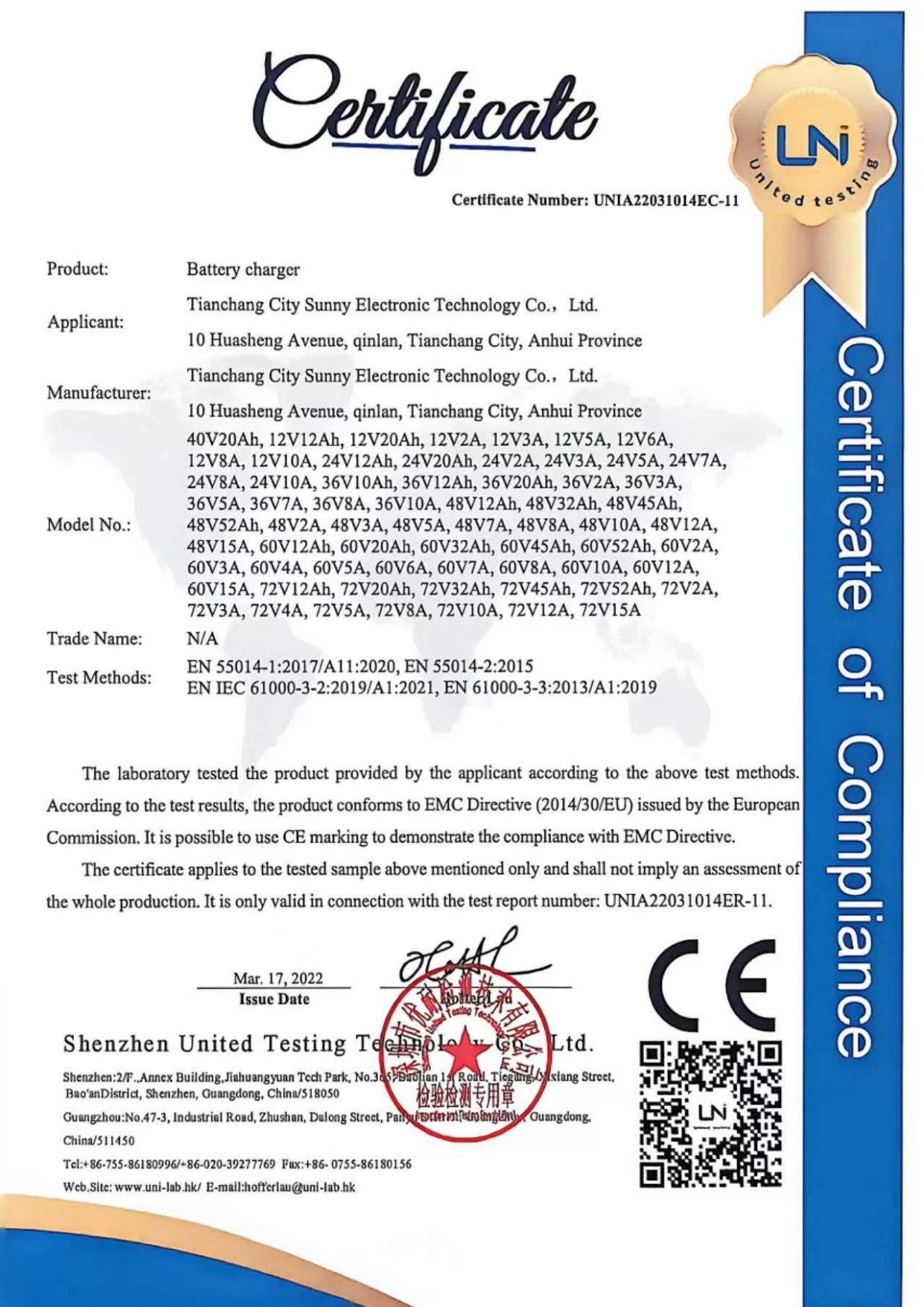 CE EMC certification document for battery charger manufacturer supporting international OEM supply requirements