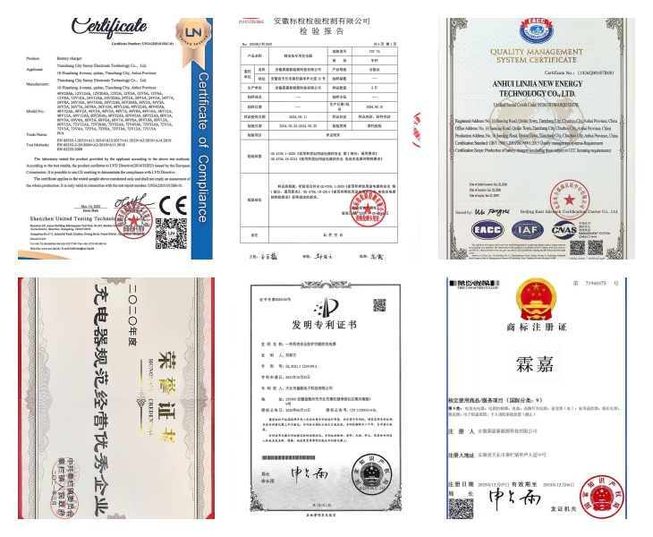 Battery charger manufacturer certification records including ISO 9001, CE and applicable IEC testing documentation.