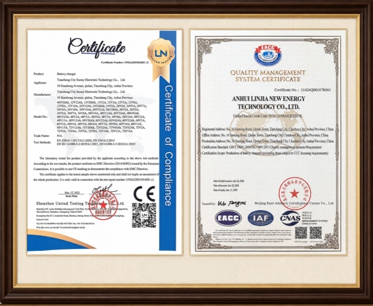 Linjia battery charger manufacturer compliance review with ISO 9001, CE support and applicable IEC documentation.
