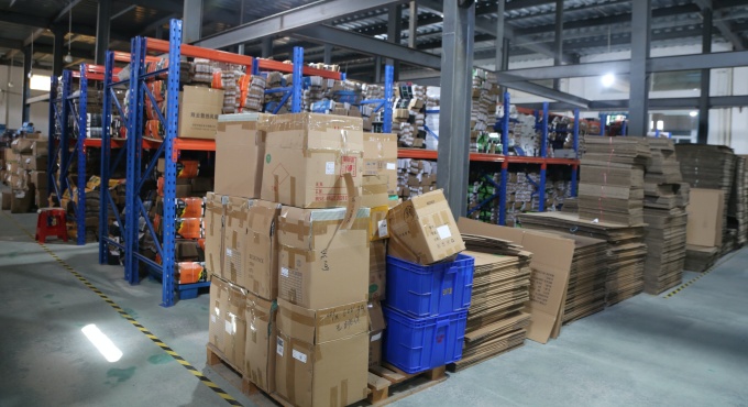 Battery charger packaging materials and cartons stored in the factory warehouse
