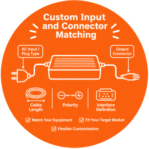 Custom 12V battery charger input, plug, connector and cable matching for OEM equipment and target market requirements.
