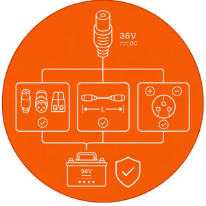 Custom 36V charger connectors, cable lengths, polarity, and pin definitions matched to the buyer's battery or equipment.