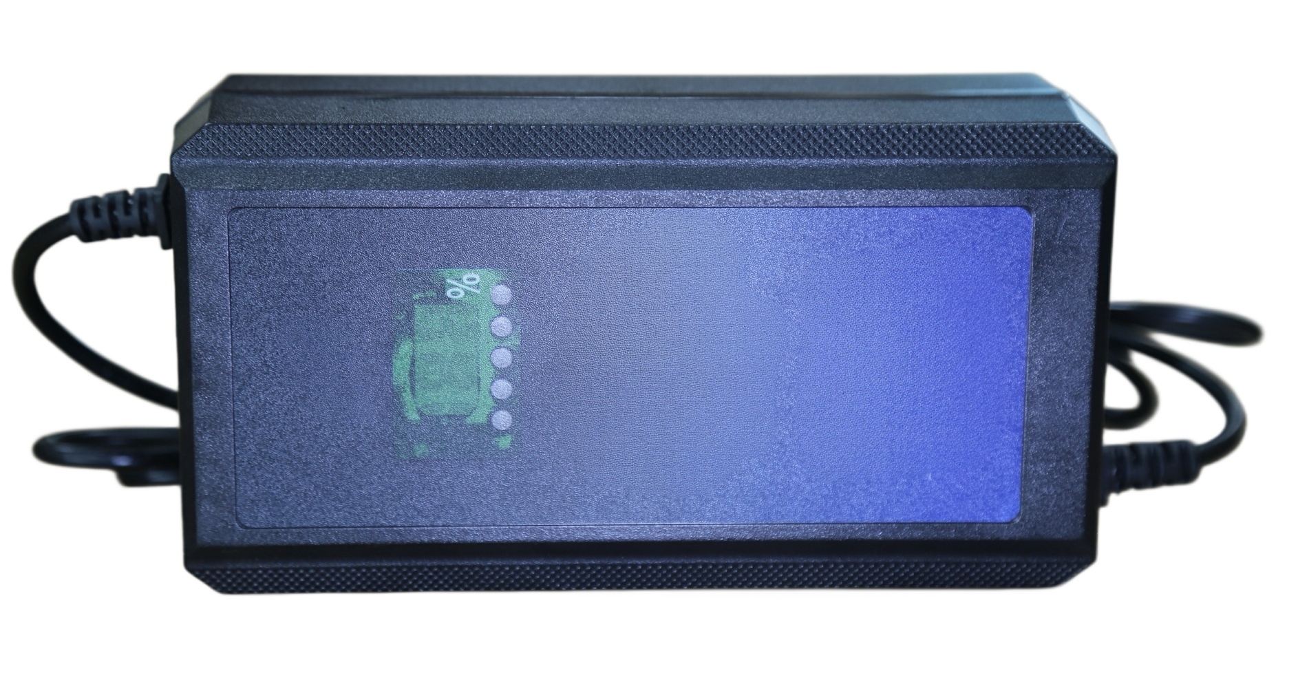Custom 60V 5A lithium battery charger for 24-45Ah packs, with configurable input, connector, polarity, and labels.
