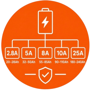 Custom 72V battery charger currents from 2.8A to 25A matched to defined battery capacity ranges for OEM buyers.