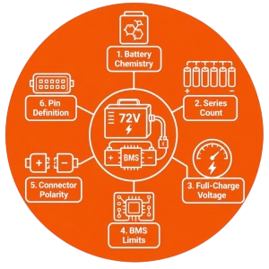 Custom 72V lithium battery charger matched to battery chemistry, full-charge voltage, BMS limits and connector polarity.