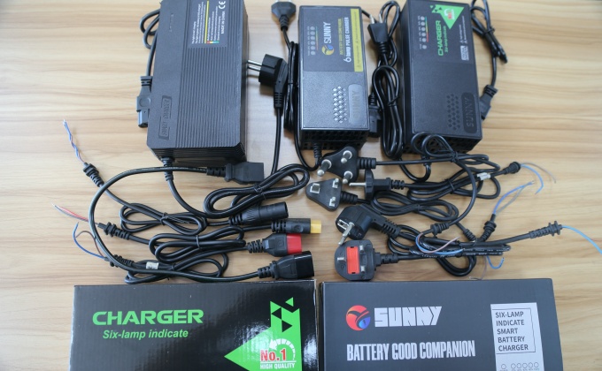 Custom battery charger configuration for plugs, connectors, cables, labels and packaging
