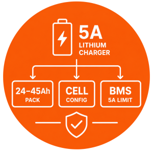 Custom 5A lithium scooter charger matched to 24-45Ah battery capacity, cell configuration, and BMS charging limit.