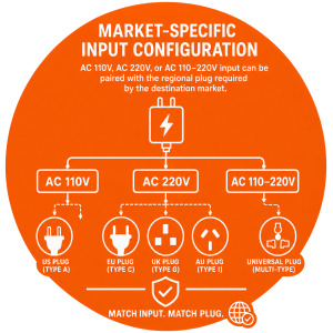 Custom electric motorcycle charger input and regional plug configuration for OEM destination markets.