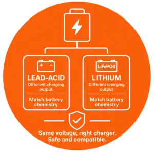 Linjia lead-acid and lithium E-rickshaw chargers with chemistry-specific outputs for OEM battery matching.