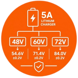 Linjia 48V, 60V and 72V 5A lithium chargers with model-specific full-charge outputs for electric scooter batteries.