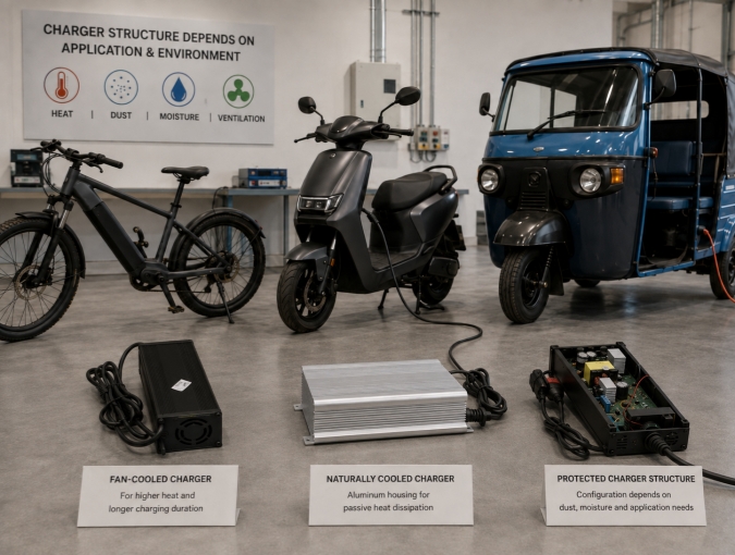 ODM battery charger configuration matched to equipment use, temperature, ventilation, dust, moisture and power quality.