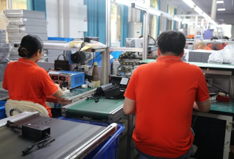 OEM battery charger quality control with electrical, insulation and full-load burn-in testing before bulk shipment.