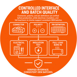 OEM motorcycle charger connector verification and batch electrical, insulation and full-load burn-in testing.