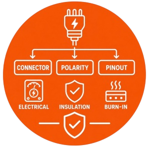 Connector, polarity, and pin definitions verified with electrical, insulation, and burn-in tests for consistent OEM batches.