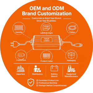 OEM and ODM 12V battery charger customization covering housing, labels, cables, connectors and branded packaging.