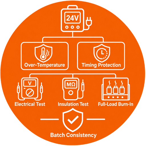 Orange 24V lithium charger icon showing over-temperature and timing protection, electrical and insulation tests, and full-load burn-in.