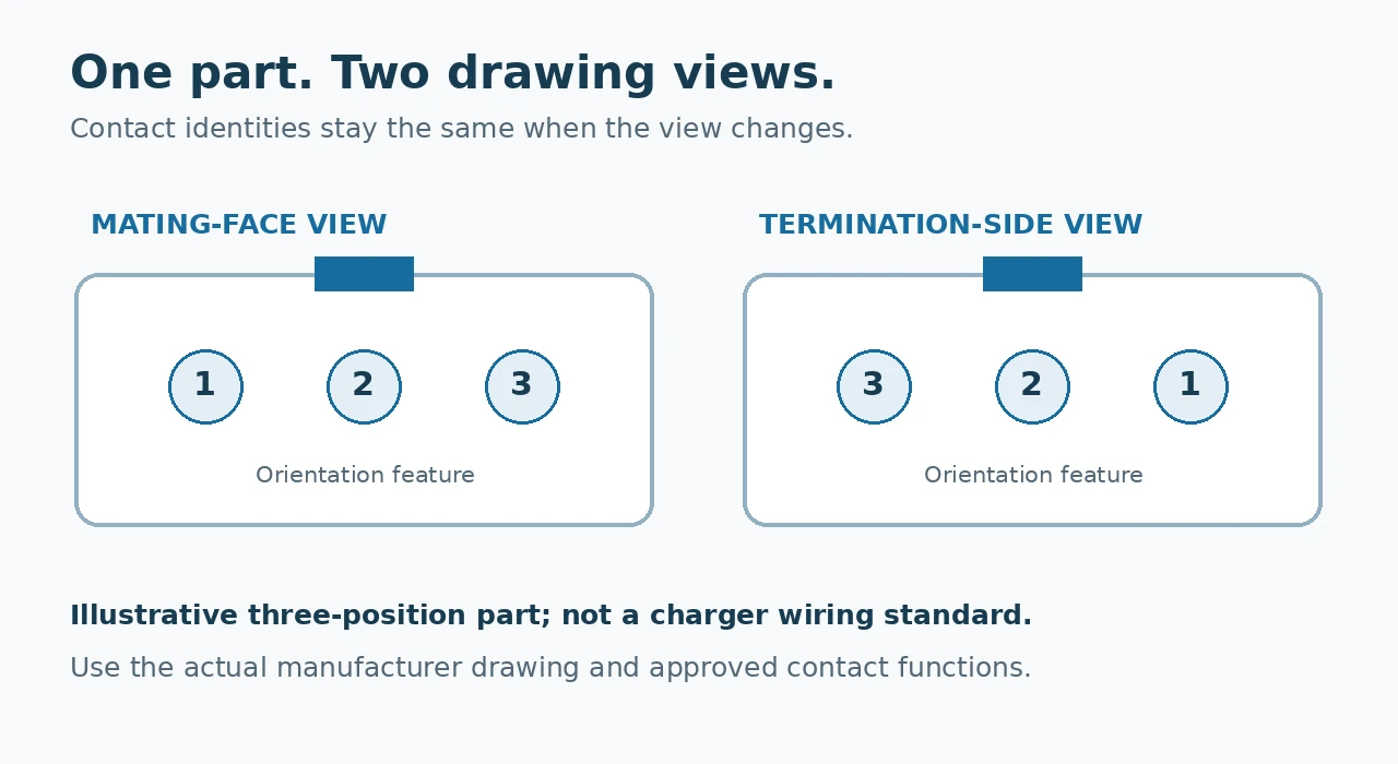 Illustrative three-position connector shown from the mating face as 1, 2, 3 and from the termination side as 3, 2, 1, with the orientation feature kept at the top.