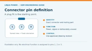 Illustration of a numbered three-contact connector beside the identity, function and revision fields needed for an OEM interface; no electrical functions are assigned.