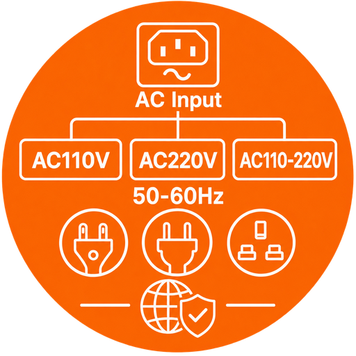Orange AC input icon for 24V lithium chargers, showing AC110V, AC220V, AC110-220V, 50-60Hz, and regional plugs.