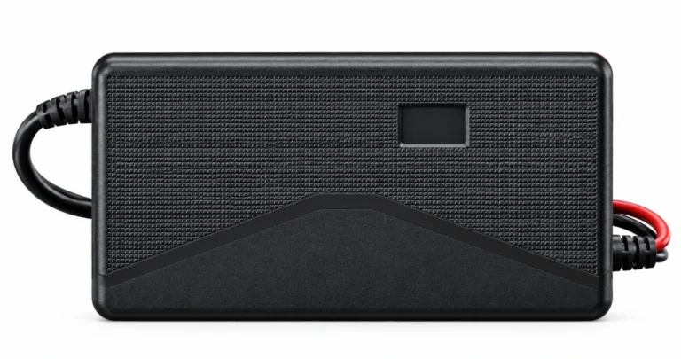 12V 10A Lead-Acid Battery Charger Black textured rectangular charger housing with a V-shaped front panel and cables, presented as a Linjia 12V 10A lead-acid OEM configuration.