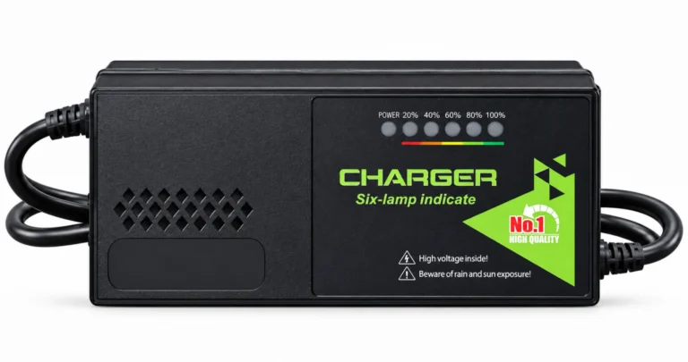 24V 3A Lithium Battery Charger Black rectangular six-LED charger with diamond ventilation pattern and green graphic, presented as a Linjia 24V 3A lithium OEM configuration.