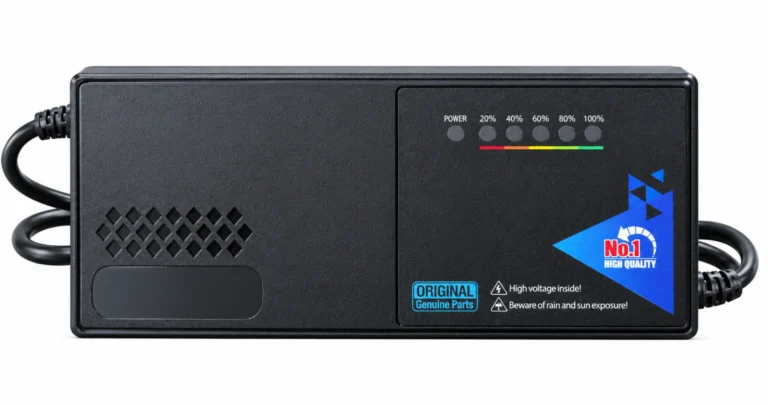 36V 20Ah Lead-Acid Battery Charger Black rectangular charger with six indicator positions and a blue graphic label, presented as a Linjia 36V 20Ah lead-acid OEM configuration.