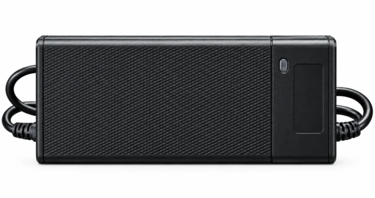 48V 3A Lithium Battery Charger Black slim charger housing with diagonal textured panel and a single indicator, presented as a Linjia 48V 3A lithium OEM configuration.