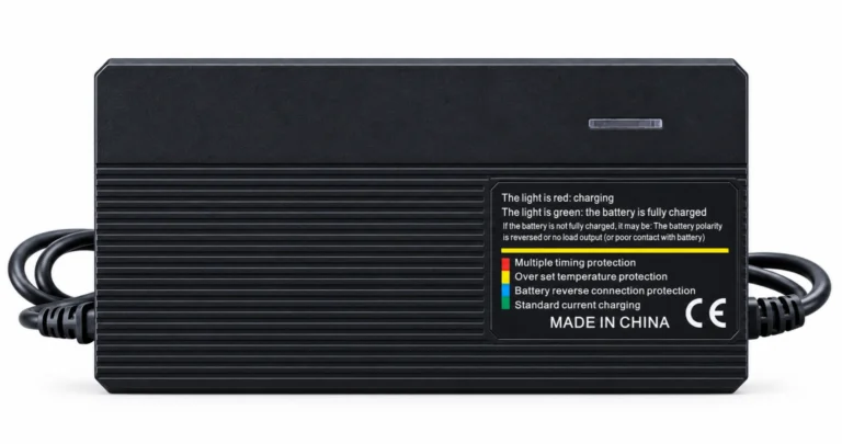 48V 5A Lithium Battery Charger Black ribbed rectangular charger with a single indicator window, presented as a Linjia 48V 5A lithium battery charger OEM configuration.