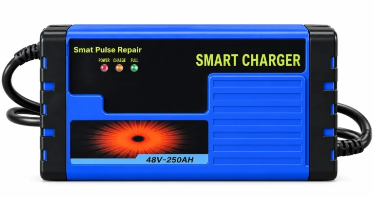 48V 8.5A Lead-Acid Battery Charger Blue and black smart pulse charger housing with three status lights, presented for a Linjia 48V 8.5A lead-acid OEM configuration.