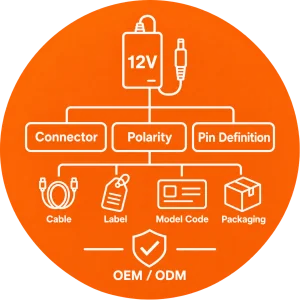 Orange OEM 12V lithium charger icon showing connector, polarity, pin definition, cable, label, model code, and packaging options.
