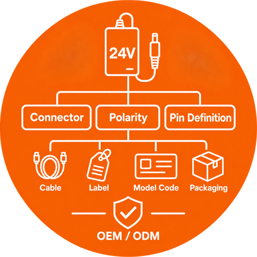 Orange OEM 24V lithium charger icon showing connector, polarity, pin definition, cable, label, model code, and packaging options.